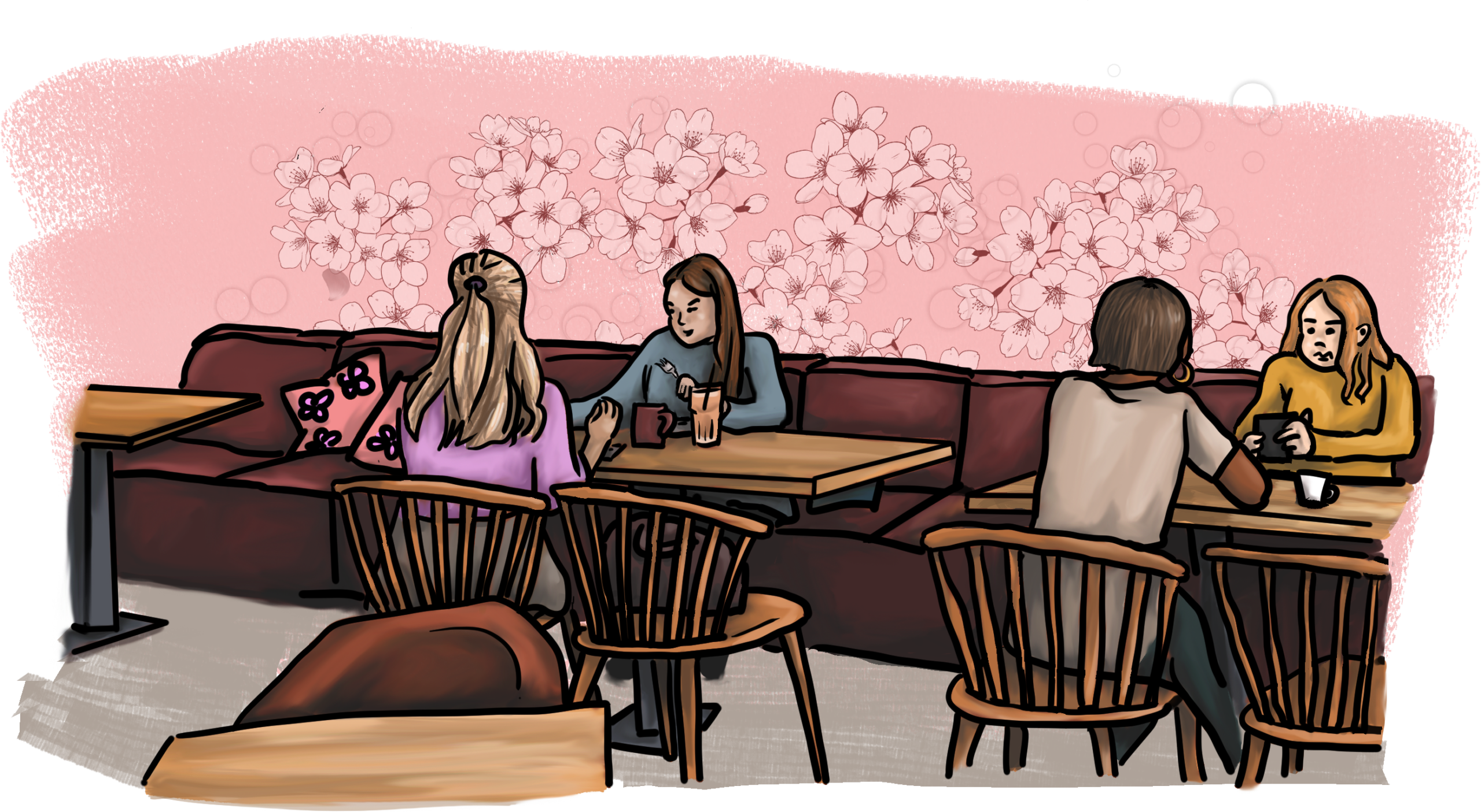 Skizze eines Cafes, Menschen unterhalten sich, Holzstühle, Blumentapete.