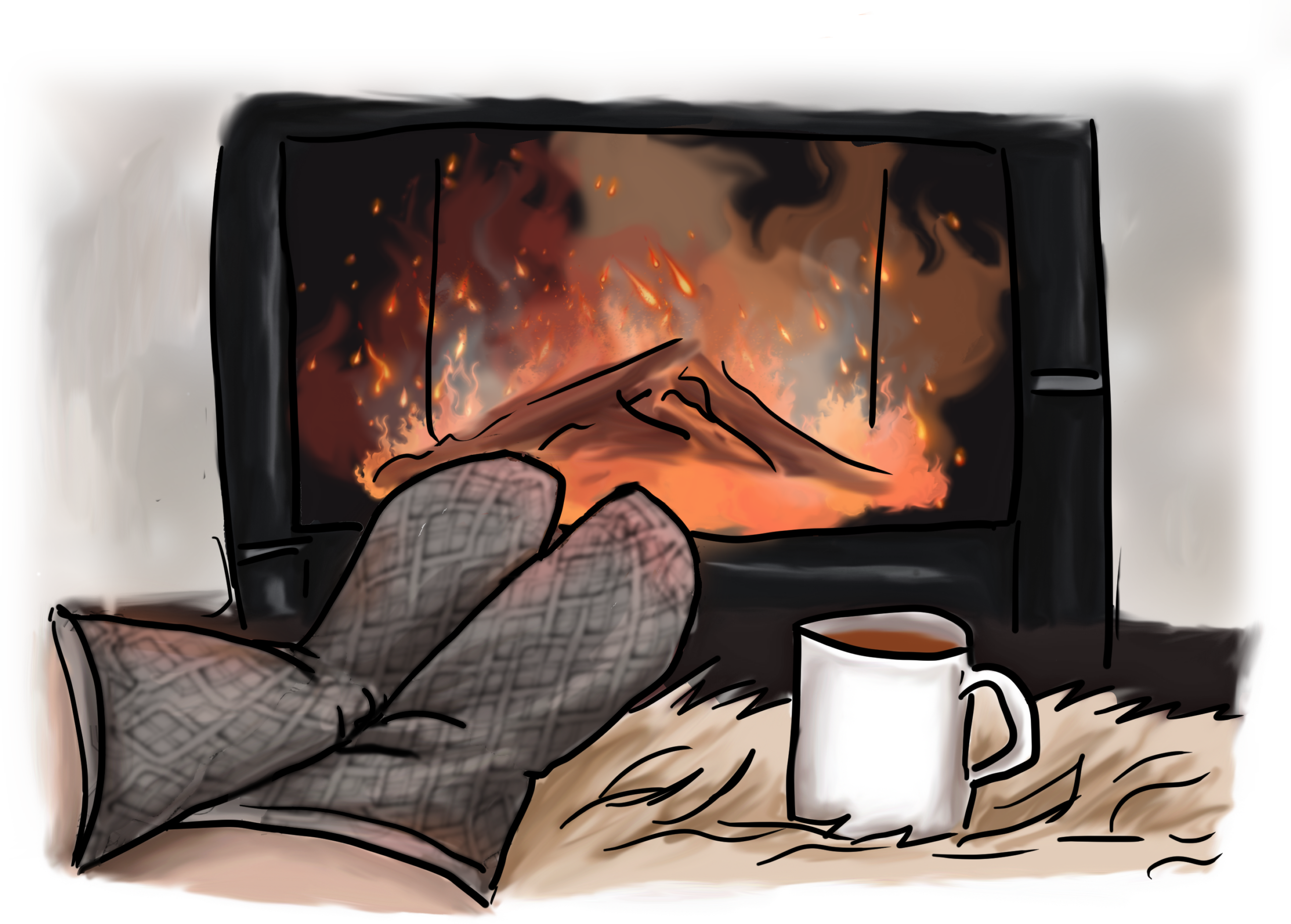 Skizze eines Kamins, Feuerschein, warme Wollsocken, eine Felldecke, auf der eine Tasse Tee steht.