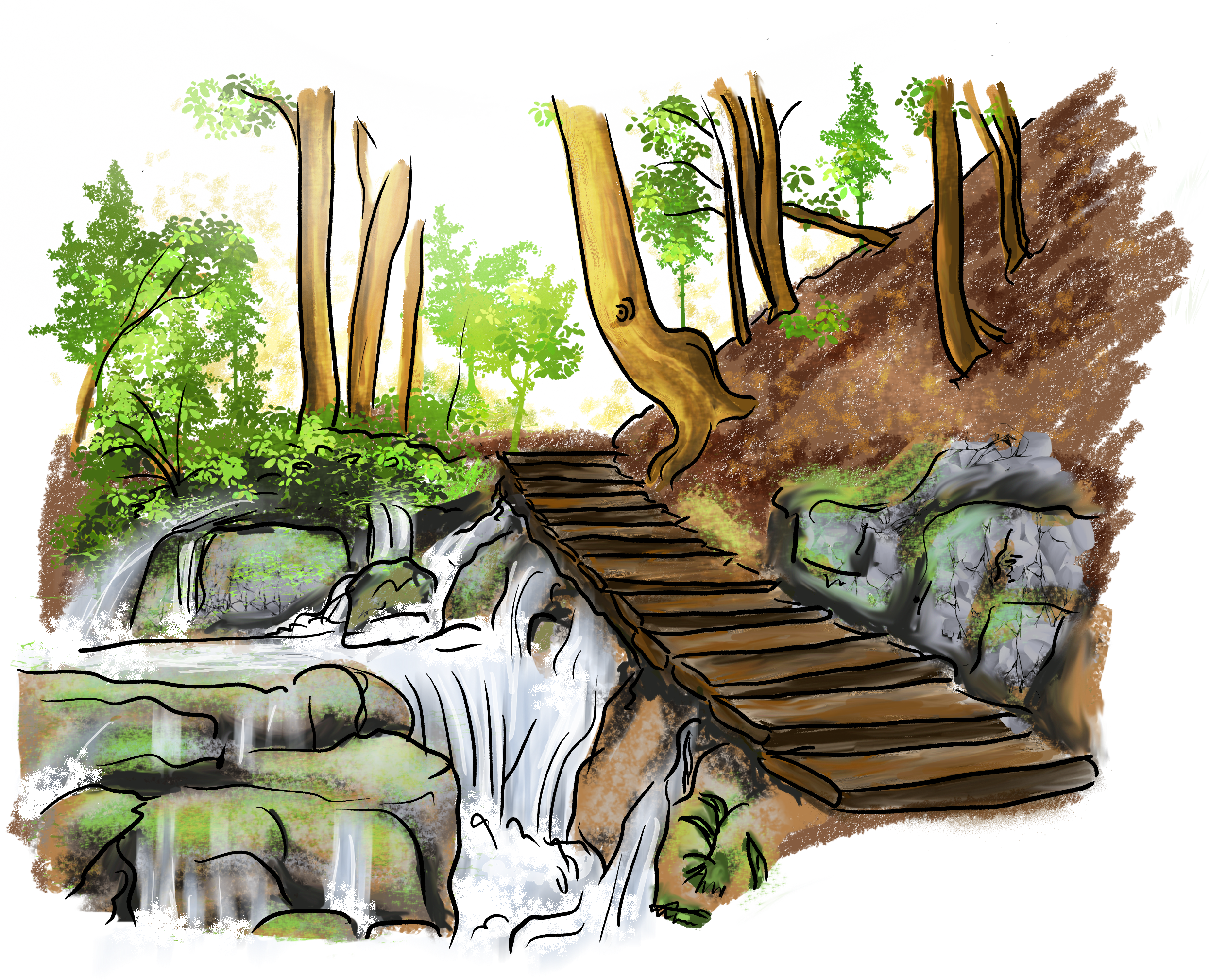 Skizze eines Holzsteges im Wald, neben dem Steg Wasserfälle.