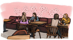 Skizze eines Cafes, Menschen unterhalten sich, Holzstühle, Blumentapete.