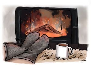 Skizze eines Kamins, Feuerschein, warme Wollsocken, eine Felldecke, auf der eine Tasse Tee steht.