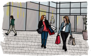 Skizze einer Einkaufsstraße, Glasfassaden, zwei Frauen mit vollgepackten Einkaufsbeuteln.