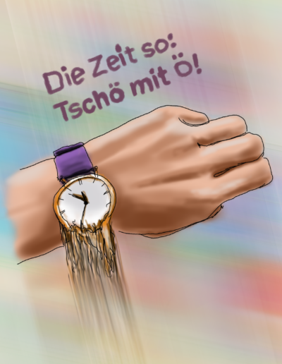Stilisiertes Bild einer Hand mit einer zerfließenden Uhr